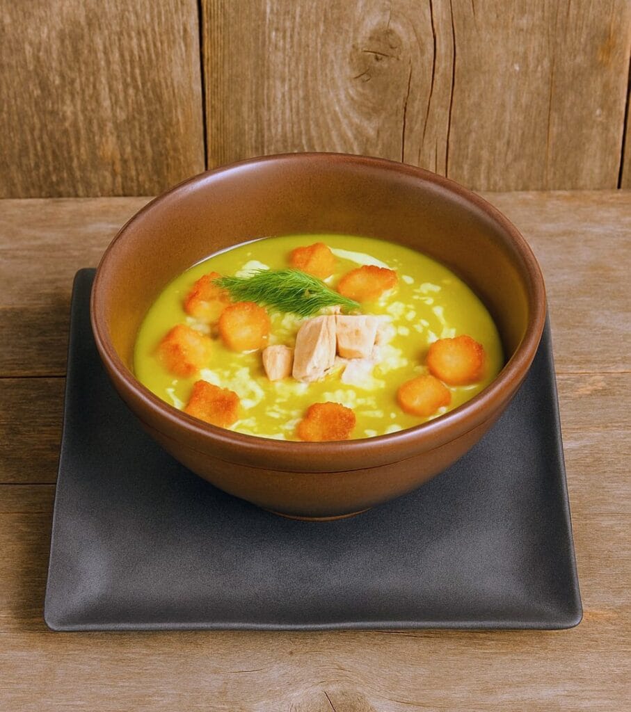 GREEN PEAS CREAM SOUP WITH SMOKED CHICKEN